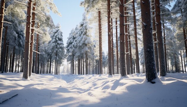A winter wonderland in a dense forest with snow-covered trees
