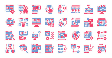 Online marketing (flat two color) icons set. The collection includes business and development, programming, web design, app design, and more.