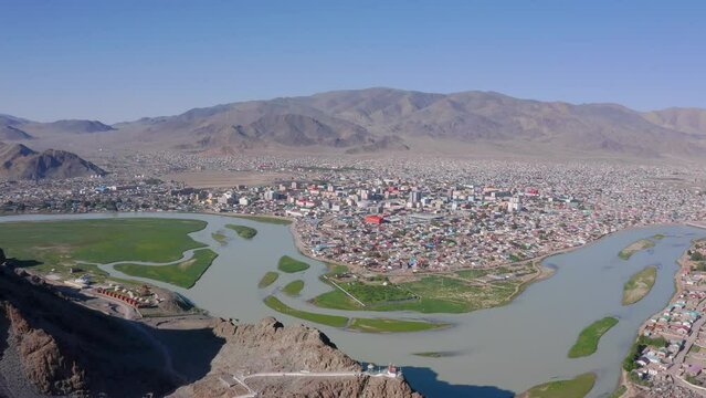 Panoramic Aerial View Of Ulgii Capital City Of Bayan-Ulgii Aimag In Mongolia. 