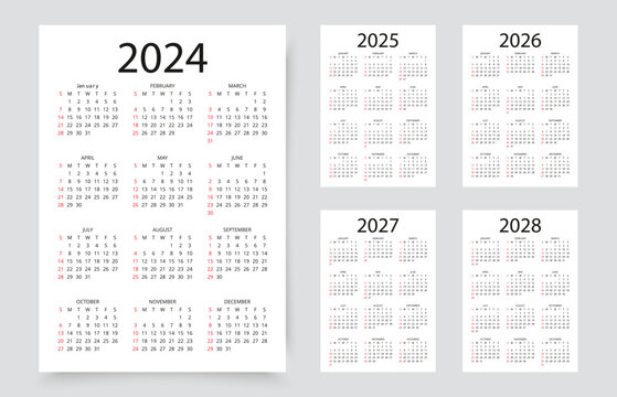Calendar for 2024, 2025, 2026, 2027, 2028 years. Simple calender layouts. Planner template with 12 month. Week starts Sunday. Pocket or wall calendars. Yearly diary organizer. Vector illustration