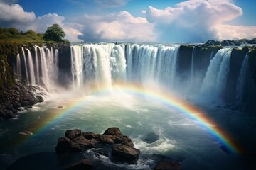 A majestic waterfall with a vibrant rainbow glistening in the sunlight