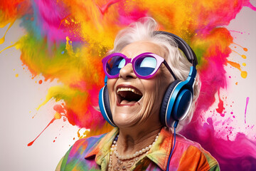 Woman old happy senior elderly person mature aged lifestyle caucasian adult music female