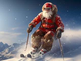 santa claus wearing traditional red costume, goggles, hat and skiing down. Santa skiing down a mountain slope. senior pensioner male delivering presents. downhill. Christmas holiday. Generative ai - obrazy, fototapety, plakaty