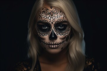 portrait of a woman with creative Halloween makeup, has a creepy look, a woman in a halloween costume, empty space on an background. A woman is preparing for the day of the dead. Generative AI.