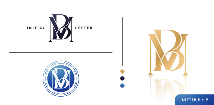 Set of BM or MB  Monogram Initial Letter Logo Design with Golden and Blue Color for advertisement material, collage print, ads campaign marketing, screen printing, letterpress golden foil papers cards