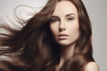 Beautiful long hair. Beauty with luxurious straight brown hair. Beautiful model on a white background.Generative AI