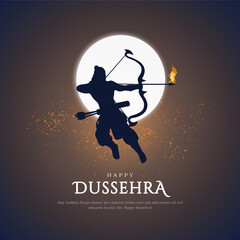 Happy Dussehra text with an vector illustration of Lord Rama bow arrow and moon background for Indian festival Dussehra. - obrazy, fototapety, plakaty