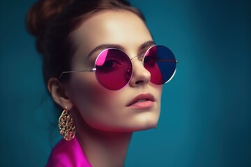 Elegant confident woman in a fashionable outfit with a fuchsia pink suit and pink earrings. sunglasses, Copy, empty space for text, generative AI