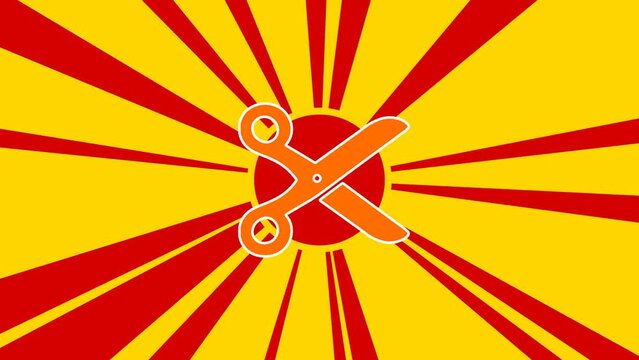 Scissors symbol on the background of animation from moving rays of the sun. Large orange symbol increases slightly. Seamless looped 4k animation on yellow background