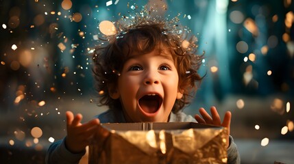 child surprised and excited with christmas gift