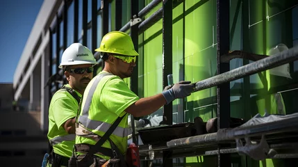 Foto op Canvas construction workers installing green, energy-efficient solutions on a building. professional industrial manpower in modern construction industry. generative AI © yj