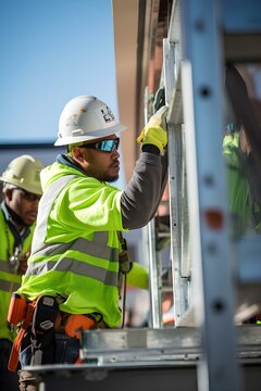 construction workers installing green, energy-efficient solutions on a building. professional industrial manpower in modern construction industry. generative AI