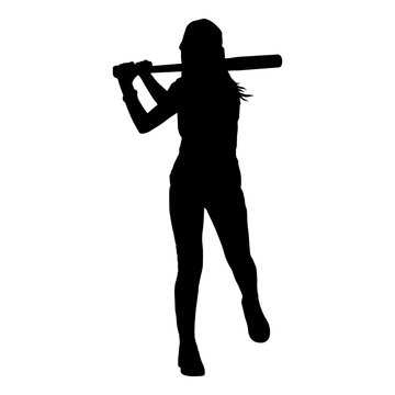 silhouette of a girl with a bat playing baseball illustration vector
