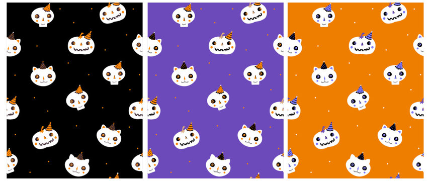 Funny Hand Drawn Halloween Seamless Vector Patterns. Set of 3 Repeatable Prints with Skull, Pumpkin and Cat on a Black, Violet and Orange Background. Halloween Party Illustrations. RGB Colors.