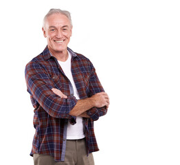 Portrait, happy and senior man with arms crossed isolated on transparent png background. Smile,...