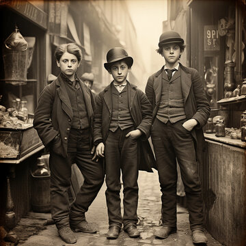 Old black and white street photographs from the Victorian era. AI generative.