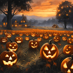 A field filled with glowing jack-o'-lanterns, some smiling and others sinister.