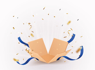 Open box with Gold confetti and light effect , isolated on transparent background - 650622150