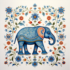 pattern Mughal peacock elephant painting on white background with AI generative