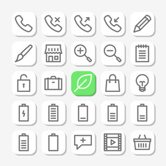 Essentials icons in line style for user interface, mobile and website design. Including call, contact, store, notes, battery, and others.
