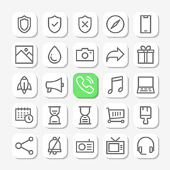 Essentials icons in line style for user interface, mobile and website design. Including call, marketing, shield, security, time, music, customer service, and others.