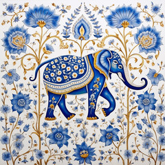 pattern Mughal peacock elephant painting on white background with AI generative