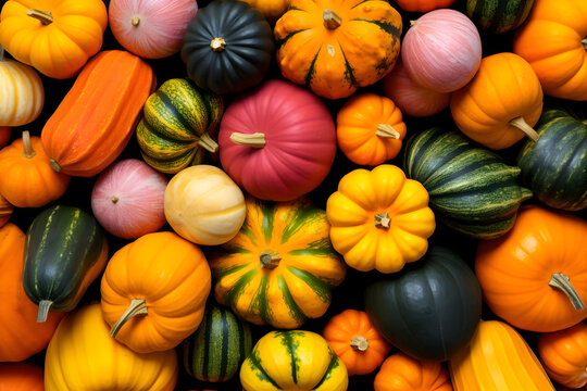 Pile of striped pumpkin and squashes of different colors and shapes, autumn fall harvesting and Thanksgiving concept. A collection of decorative gourds. Color gradient background