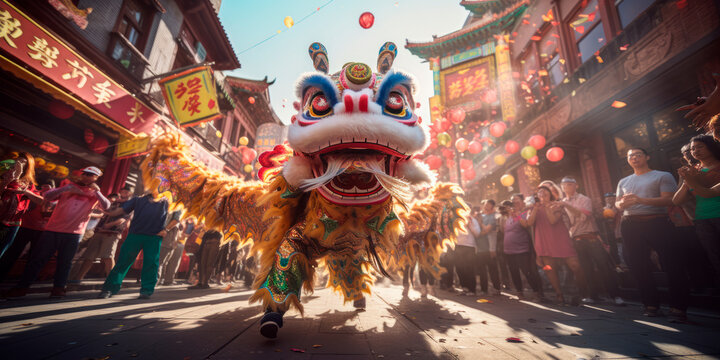a vibrant Chinese dragon dance performance winding its way through a bustling street. AI generative.