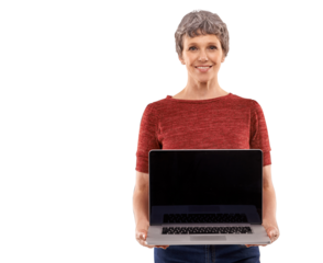 Senior woman, laptop screen and mockup of website marketing or asset management presentation. Portrait of person, computer space and pension faq or information isolated on transparent, png background