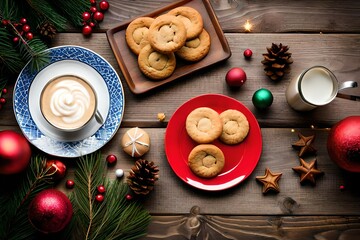Top View showcasing a plate of freshly baked cookies, a glass of cold milk, and a handwritten note for Santa Claus, set on a cozy table
