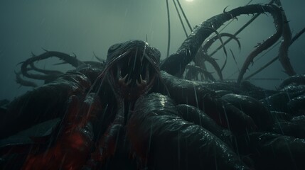 Giant octopus sea monster alien attacking a fishing boat with huge tentacles in stormy weather