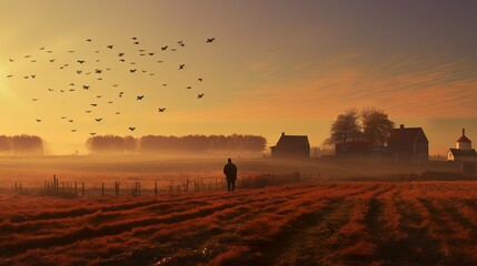 Rural landscape in twilight with birds flying over the fields
