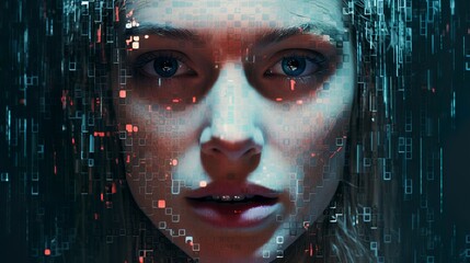 Glitchy digital android woman face display with coded cyberpunk environment