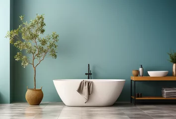 Fotobehang Clean bathroom with bathtub, shelf and tree, wooden floor, blue wall, modern minimal interior style © Berit Kessler
