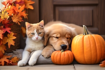Dog and cat lying on a porch of wooden house decorated with pumpkins and autumn leaves. Orange, red...