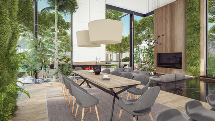 3d rendering of expensive cozy interior with green walls with living dining zone stair and kitchen for sale or rent. Spacious apartments with expensive furniture, equipment and flowers