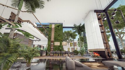 Obraz premium 3d rendering of expensive cozy interior with green walls with living dining zone stair and kitchen for sale or rent. Spacious apartments with expensive furniture, equipment and flowers