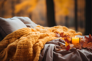 Closeup of cozy bedroom interior with beige pillows and orange knitted blanket on a bed, decorated...