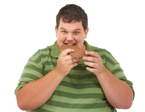 Happy, man and chocolate with bad, health and portrait for habits, diet and nutrition. Male model, snack and risk of wellness on isolated or a transparent png background with smile, dessert and joy