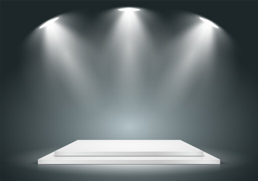 Podium illuminated by spotlights. Empty pedestal for award ceremony or presentation. Vector illustration.