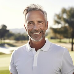 Mature man smiling standing outside in the sun on a golf course.