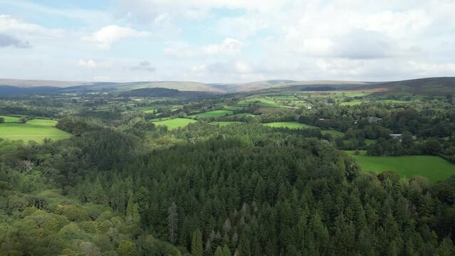 Dartmoor National Park, Devon, England: DRONE VIEWS: Dense woodland and Dartmoor on a sunny, summer day. Dartmoor and the surrounding land has been protected by National Park status since 1951.