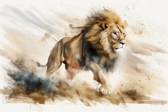 Watercolour abstract animal painting of an isolated male lion running in the jungle with dust and sand which could be used as a poster or flyer, computer Generative AI stock illustration image