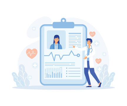 Concept Of Medical Record, Tablet With Patient's Photo, Cardiogram And Health Indicators For Monitoring.  Flat Vector Modern Illustration 