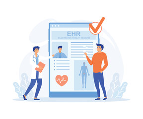 Electronic health record,  Female doctor reading medical, treatment history, clinical data of young man, healthcare app. flat vector modern illustration  