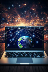 Global communication big data being transmitted across the world while using a laptop computer on the internet by the use of artificial intelligence, computer Generative AI stock illustration