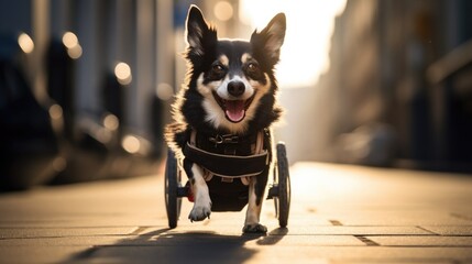 a cute dog with disabilities in a wheelchair walks down the street. Happy dog. Never give up