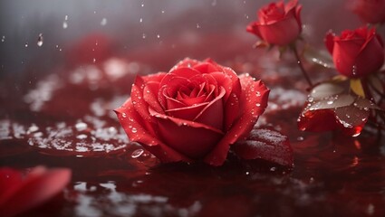 "Enchanting red rose in misty ambiance."