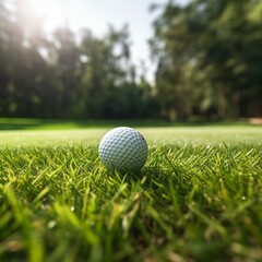 Golf ball on grass in front of the green