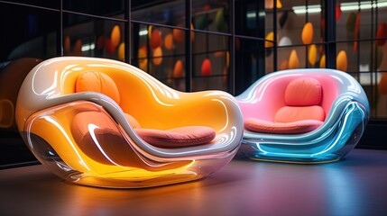 Futuristic stylish iridescent rainbow chair made of reflective plastic. Eco-friendly modern furniture made from recycled plastic.